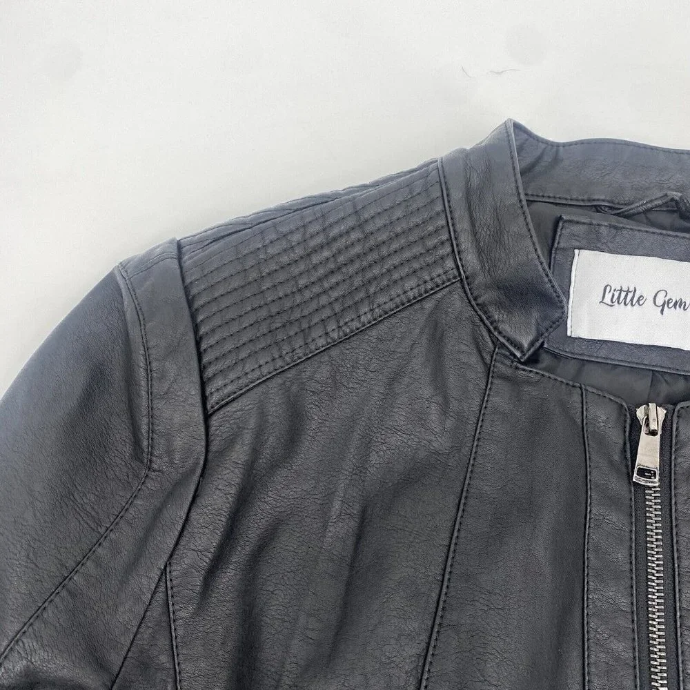 Black Vegan Faux Leather Zip Up Moto Jacket Grunge Little Gem Women's Size Large